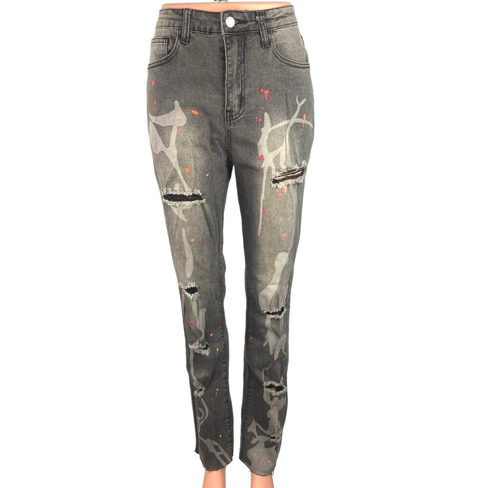 Shein Paint Splatter Black Distressed Straight Skinny Slim Leg Denim Jeans 27